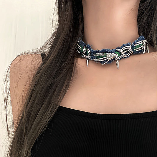 Denim Gothic Choker – Edgy Skeleton Hand Design