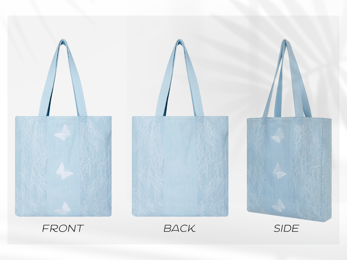 DENIM MUSEUM Azure Mirage Denim Tote Bag - Dreamy Butterfly Accent Tote for Young Women,Azure Flutter& Flutter Mirage