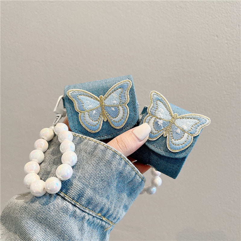 Azure Mirage Denim Butterfly AirPods Case - Chic Denim with Pearl Handle