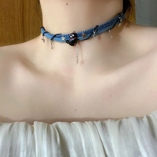 Black Cat & Starry Denim Choker: Enchanting Galaxy Vibes