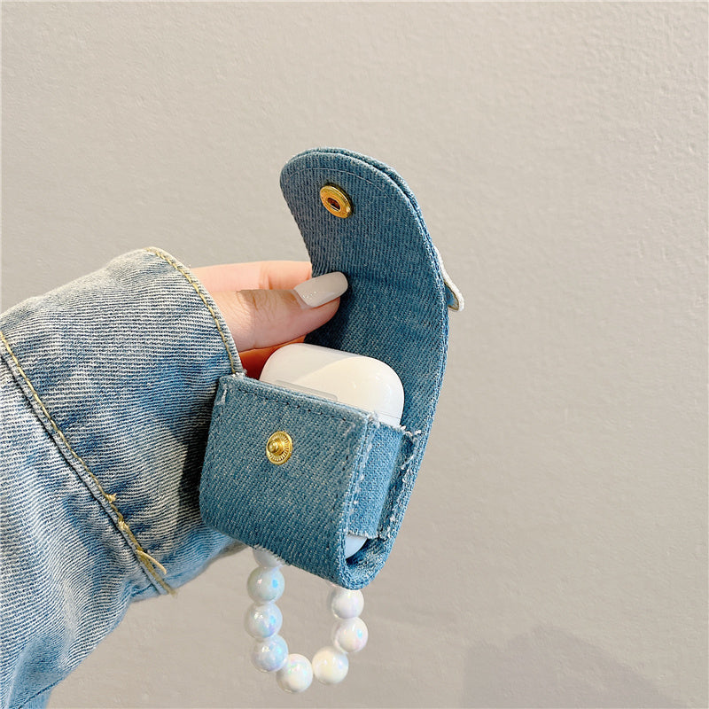 Azure Mirage Denim Butterfly AirPods Case - Chic Denim with Pearl Handle