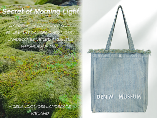 DENIM MUSEUM Forest of Solitude Denim Tote – Triple Blue Shades Inspired by Nature’s Mystique, with Dreamy Fringe Detail