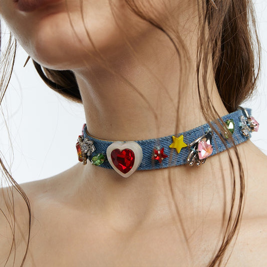 DENIM MUSEUM Embellished Denim Choker - Romantic Statement Accessory for Young