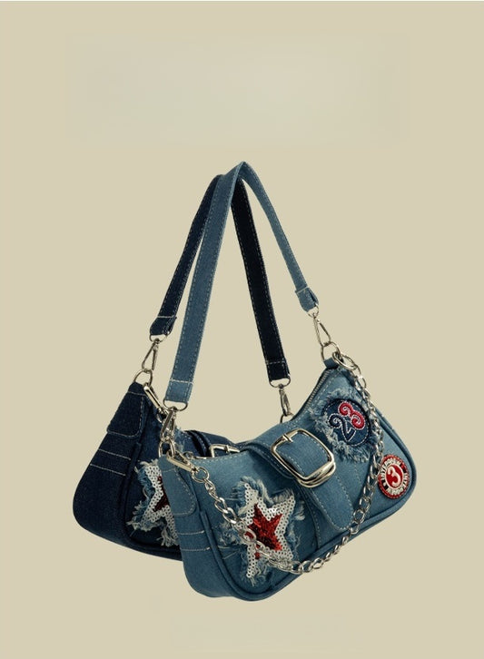 DENIM MUSEUM Star-Embellished Denim Shoulder Bag - Trendy Patchwork Handbag for Young