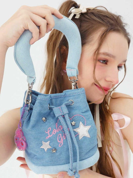 LOLA GIRLS Denim Bucket Bag - Starry Cute Drawstring Bag for Girls