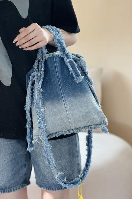 Frayed Gradient Denim Tote Bag - Stylish Vintage Look for Trendy Young