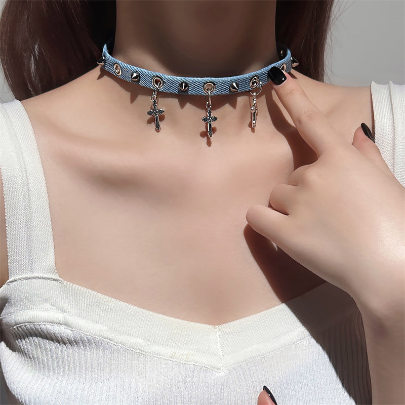 Denim Cross Pendant Choker - Edgy Gothic-Inspired Denim Choker Necklace for Women