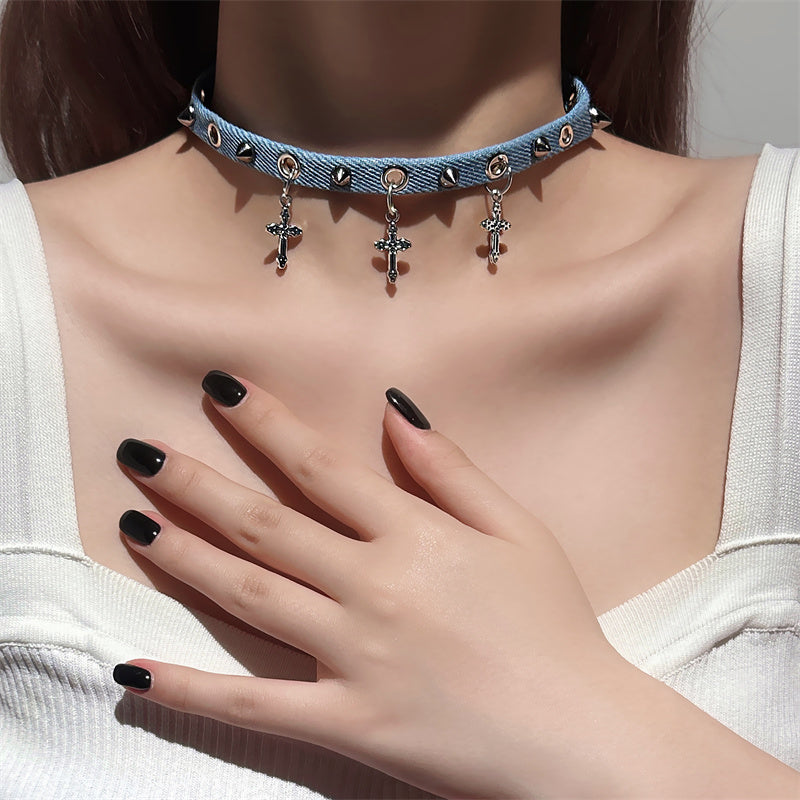 Denim Cross Pendant Choker - Edgy Gothic-Inspired Denim Choker Necklace for Women