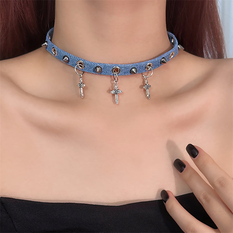 Denim Cross Pendant Choker - Edgy Gothic-Inspired Denim Choker Necklace for Women