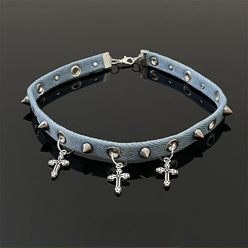 Denim Cross Pendant Choker - Edgy Gothic-Inspired Denim Choker Necklace for Women