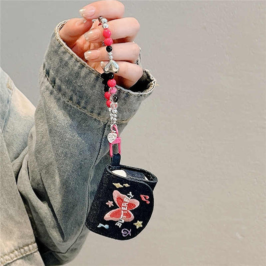 Butterfly Embroidery Denim AirPods Case with Beaded Hand Strap